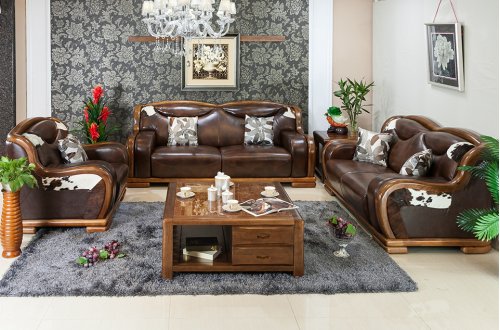 A家.紫金梨木 现代中式 黄牛头层皮沙发